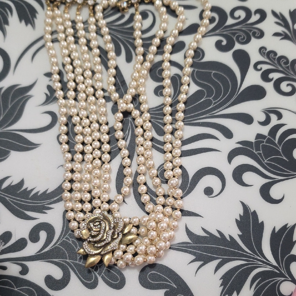 Tea Rose Multi-Strand Pearl Necklace with Gold Rose Accent
